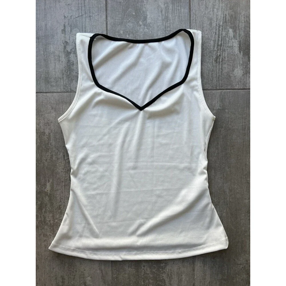 Sweetheart Neck Ribbed Stretch White Black Trim Colorblock Casual Tank Top NEW M - Picture 4 of 10